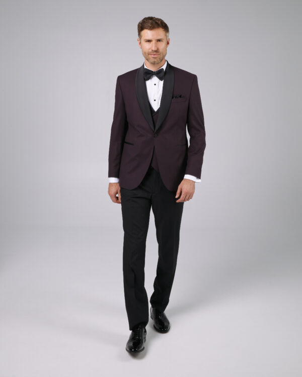 Costume barbati - Costum ginere slim fit bordo cu rever tip sal negru