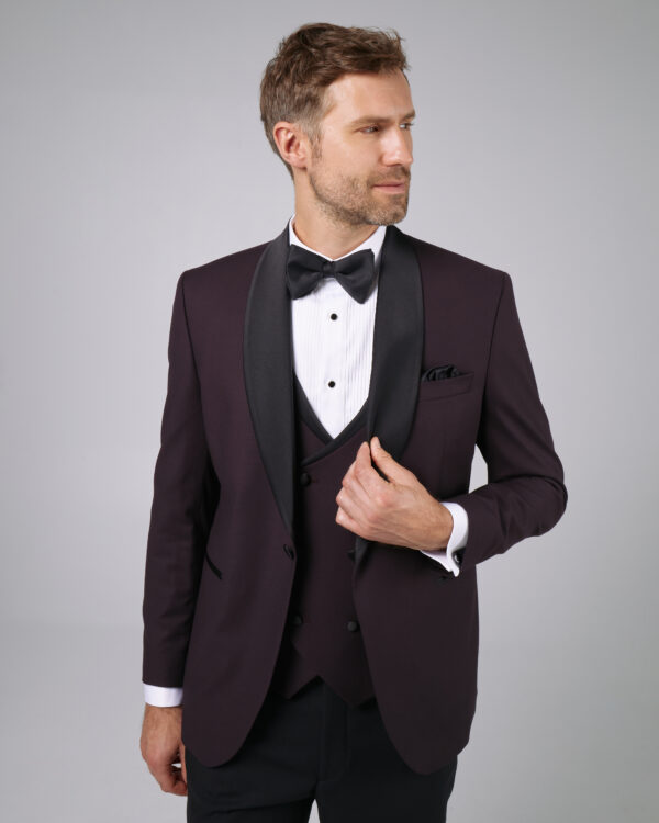 Costume barbati - Costum ginere slim fit bordo cu rever tip sal negru 3