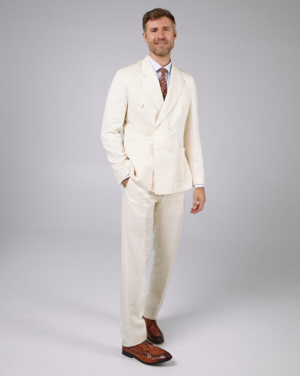 Costum barbati Monarch slimfit de in si bumbac crem double brested